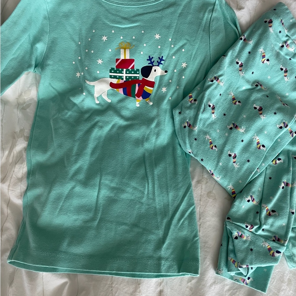 GAP Mint Green Dachshund Holiday Pajama Set with Gift Graphic